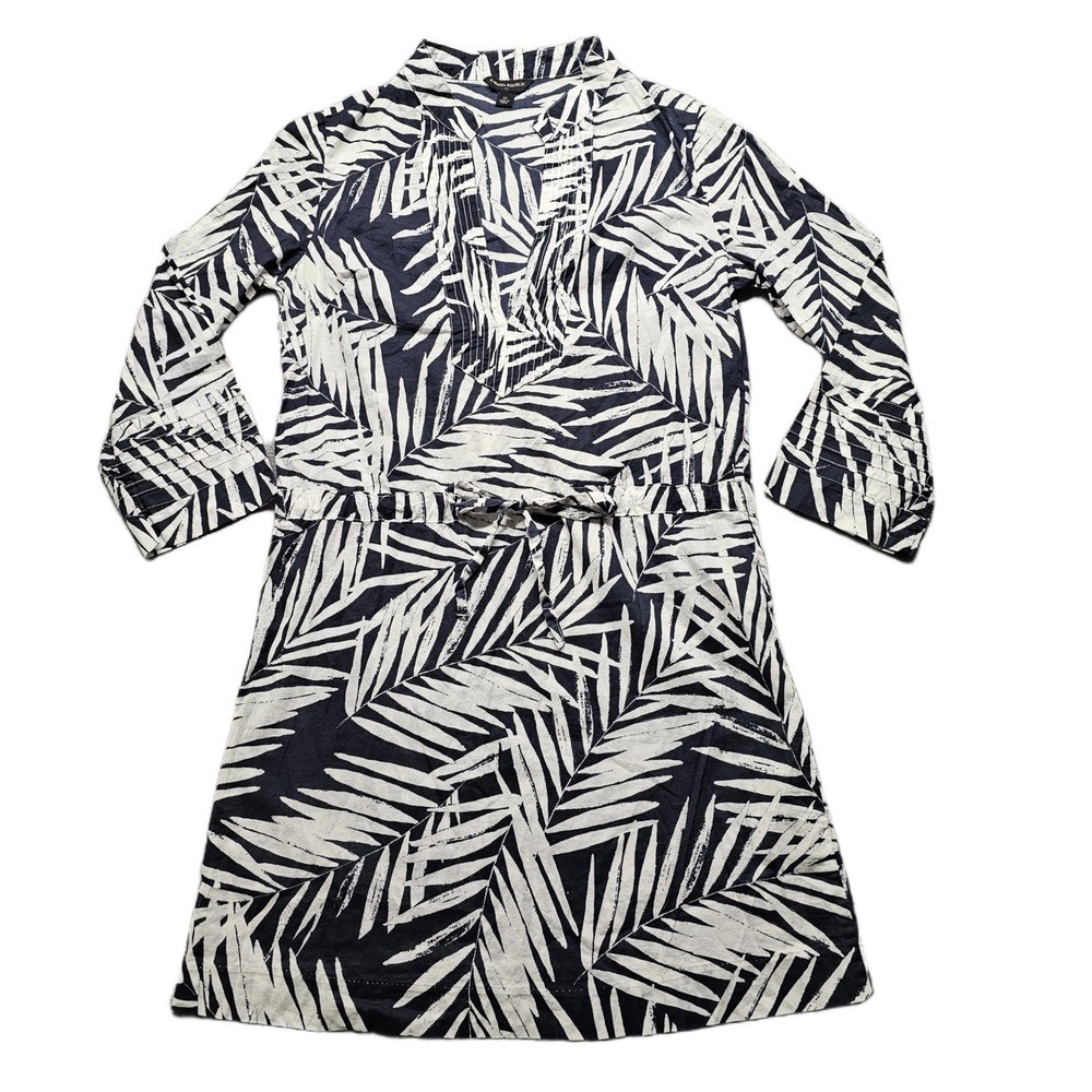 Banana Republic Shift Dress Women XS Navy White Palm Leaf Print Tie Waist V-Neck
